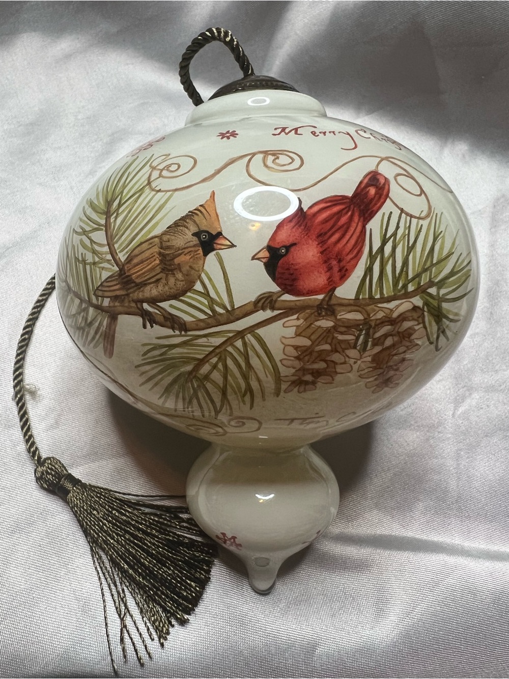 Tim Coffey Ne’Qwa Reverse PaintChristmas Cardinal Glass Ornament - Red and Brown